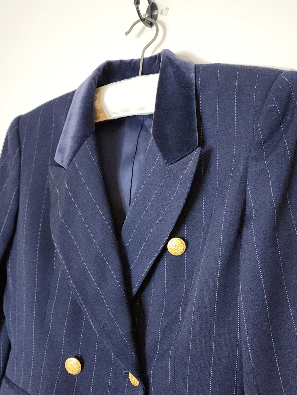 Jones New York Blazer Dsrk Blue Pinstripe Tailored Tuxedo Military Jacket Office - Picture 11 of 16